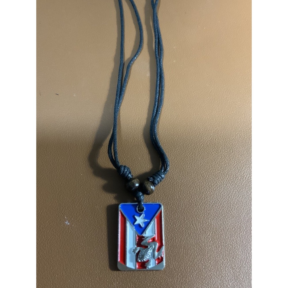 Puerto Rico Flag Coqui Frog Pendant Necklace Multicolor Rectangle Charm Black